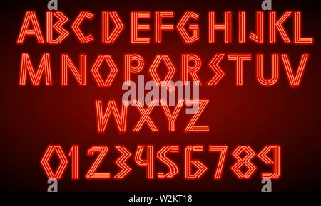 80 s al neon rosso font retrò. Script futuristico, cromo lettere. Bright Stampa alfabeto su sfondo scuro. Simboli di luce per spettacolo notturno nel club. Galaxy Illustrazione Vettoriale