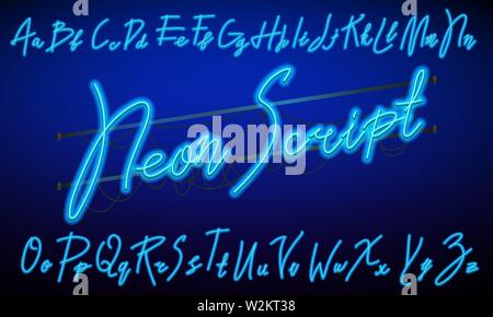80 s blu porpora retrò font. Script futuristico, cromo lettere. Alfabeto luminoso su sfondo scuro. Simboli di luce per spettacolo notturno nel club. Spazio di Galaxy Illustrazione Vettoriale