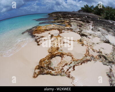 Fish-eye shot di onde che lambiscono dolcemente contro la roccia calcarea piscine al calcare Bay, Anguilla BWI. Foto Stock