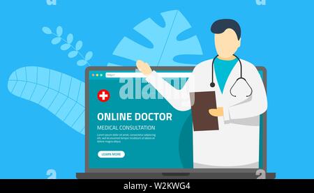 Assistenza medica online di assistenza medica. Medico terapista maschio con stetoscopi sullo schermo del computer portatile. Vector flat illustrazione internet consulenza servizio ospedaliero Illustrazione Vettoriale