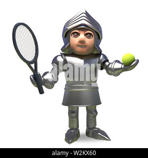 Sporty cavaliere medievale in armatura gioca a tennis, 3D render illustrazione Foto Stock