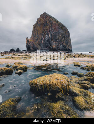 Cannon Beach è una città nella Contea di Clatsop, Oregon, Stati Uniti, drammatiche previsioni prima di una tempesta di pioggia, turismo USA, sabbia, paesaggio, paesaggio Foto Stock