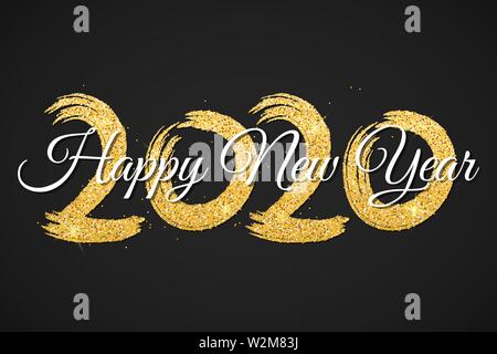 Felice anno nuovo 2020. Numeri di golden luccica con la calligrafia su uno sfondo nero. Grunge pennello. Golden coriandoli. Illustrazione Vettoriale. EPS 10 Illustrazione Vettoriale