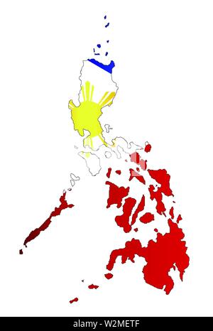 Mappa Silhuette delle Filippine in colori della bandiera insieme contro uno sfondo bianco Illustrazione Vettoriale