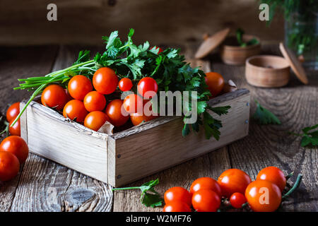 Cassa di appena raccolti organici di rossi pomodori ciliegini, il prezzemolo e l'aneto su tavola in legno rustico, impianti based food, vicino il fuoco selettivo Foto Stock