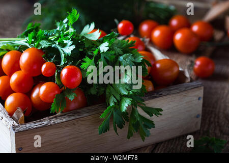 Cassa di appena raccolti organici di rossi pomodori ciliegini, il prezzemolo e l'aneto su tavola in legno rustico, impianti based food, vicino il fuoco selettivo Foto Stock