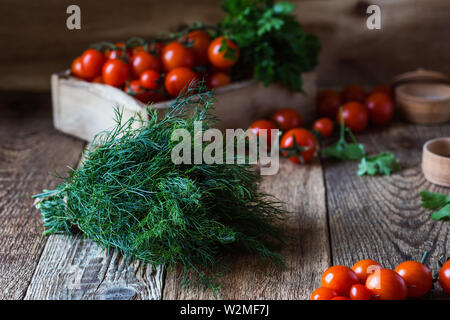 Cassa di appena raccolti organici di rossi pomodori ciliegini, il prezzemolo e l'aneto su tavola in legno rustico, impianti based food, vicino il fuoco selettivo Foto Stock