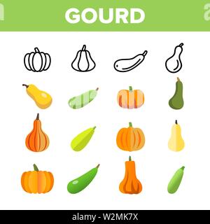 Gourd stagione autunnale Harvest vettore lineare set di icone Illustrazione Vettoriale
