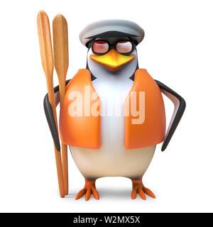 Pinguino nautico sailor in sailor hat e giubbotto di salvataggio contiene una coppia di remi, 3D render illustrazione Foto Stock