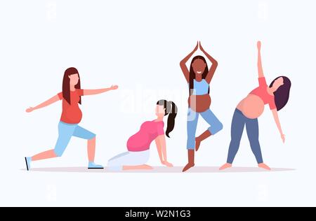 Impostare donna incinta facendo stretching esercizi fisici mix gara ragazze che lavorano fuori collezione gravidanza fitness uno stile di vita sano concetto a piena lunghezza Illustrazione Vettoriale