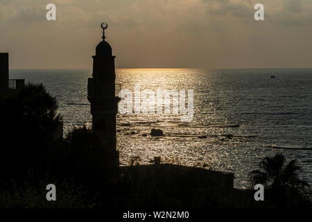 La Moschea Al-Bahr silhouette sul tramonto nella città vecchia di Jaffa, Tel-Aviv, Israele Foto Stock