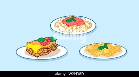 Impostare gli spaghetti lasagne con basilico e salsa di pomodoro ristorante italiano raccolta alimentare schizzo doodle orizzontale Illustrazione Vettoriale