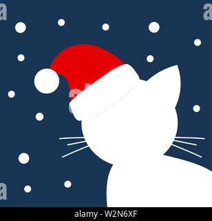 Gatto Bianco a Santa Claus hat cerca su neve a cielo notturno. Sfondo di natale Illustrazione Vettoriale