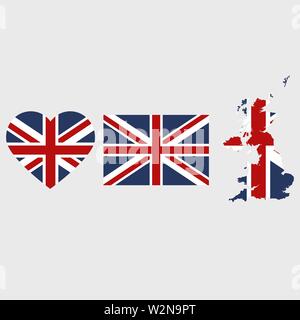 Simboli United Kingdom incorniciato in forme diverse di bandiera sfondo Illustrazione Vettoriale