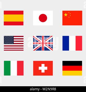 9 diverse bandiere nazionali impostare le icone. Eps vettoriali Illustrazione Vettoriale