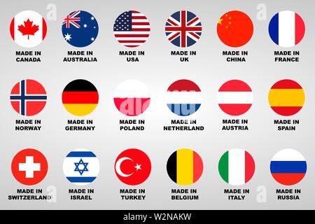 Fatto a. Etichetta 18 set di paesi con bandiere Illustrazione Vettoriale