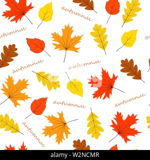 Vettore di Seamless pattern con foglie di autunno. Disegno di foglie di quercia, acero e Linden Illustrazione Vettoriale