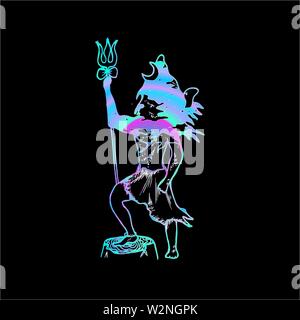 Illustrazione a colori del signore Shiva in una guerriera di posa. La doppia esposizione, montagne, dio. Illustrazione Vettoriale