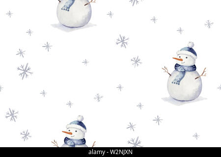 Acquerello seamless pattern di Natale con pupazzo di neve ,albero, fiocchi di neve e rami. Pupazzo di neve invernale disegnati a mano il tessuto di sfondo Foto Stock