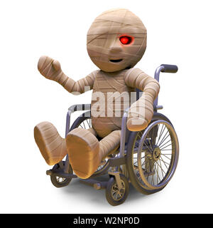 Mummia egiziana monster ama utilizzare una sedia a rotelle quando il tempo è brutto, 3D render illustrazione Foto Stock