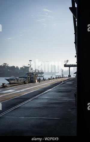 Urbanscape di Jones Bay Wharf. North Sydney visibile in attraverso la mattina presto haze in background. Sydney NSW. Giugno 2019 Foto Stock