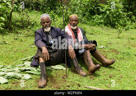 Due anziani agricoltori musulmani seduti in un campo di Illubabor, Etiopia Foto Stock