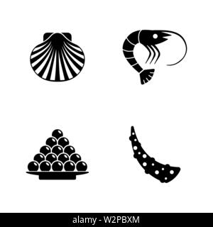 Frutti di mare. Semplice vettore relativi set di icone per i video, applicazioni mobili e siti Web, stampare progetti e il vostro design. Piatto nero illustrazione su bianco Backgroun Illustrazione Vettoriale