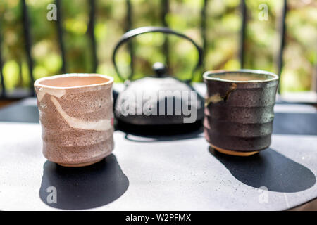 Ghisa teiera sul tavolo al di fuori dal recinto del giardino con due tazze e giapponese Mino tazze da tè del mattino in primo piano Foto Stock