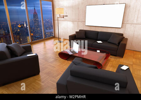 3D Rendering di più schermi in un salotto Foto Stock