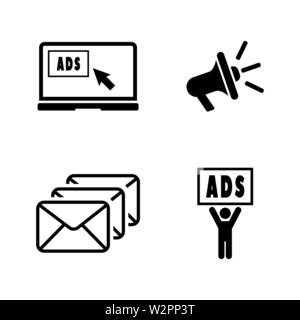 Fare pubblicità a. Semplice vettore relativi set di icone per i video, applicazioni mobili e siti Web, stampare progetti e il vostro design. Piatto nero illustrazione su bianco Backgro Illustrazione Vettoriale