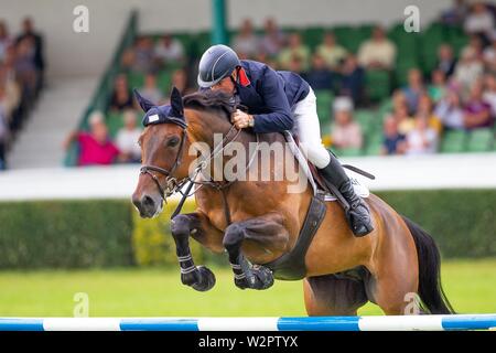 Harrogate. Yorkshire. Il 10 luglio 2019. 3 ° posto. John Whitaker riding Unick Du Francport. GBR. Scala Internazionale. Showjumping. Grande spettacolo dello Yorkshire. Grande Yorkshire Showground. Harrogate. Yorkshire. Regno Unito. 10/07/2019. Credit Elli Birch/SIP Agenzia fotografica/Alamy live news Foto Stock