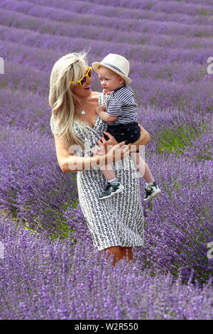 Chichester, West Sussex, Regno Unito. Le persone che si godono il sole e il caldo a Lordington campi di lavanda nelle vicinanze del Chichester, West Sussex, Regno Unito. Mercoledì 10 Luglio 2019 © Sam Stephenson/Alamy Live News. Foto Stock