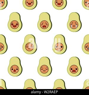 Modello senza cuciture con cute kawaii emoji vettore di avocado cartoon illustrazione Illustrazione Vettoriale