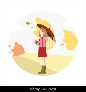 Ragazza di passeggiate nel parco in autunno. Illustrazione Vettoriale