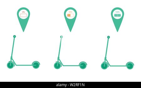 Set di 3 electric kick scooter con mappa e posizione perno e diversa percentuale di indicatore di carica della batteria isolato su sfondo bianco. Micromobility. Illustrazione Vettoriale