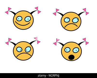 Set di smile emoticon di ragazza stupida faccia piana, disighn. Felice, infelice, sorpreso e arrabbiato gli smiley. Gli Emoji set. Foto Stock