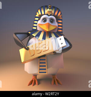 Royal penguin faraone Tutankhamon tenendo un golden thumb drive USB memory stick, 3D render illustrazione Foto Stock