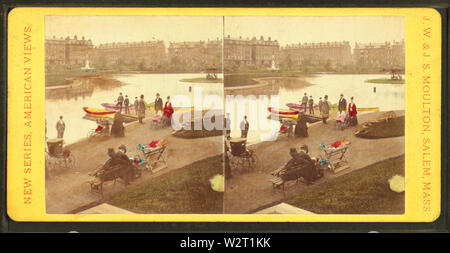 Vista colorato di gente che cammina su un percorso e al lancio di barca, da Moulton, John s, b 1820 o 1 Foto Stock