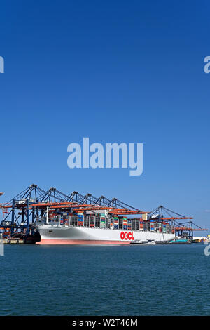 Porto di Rotterdam, Zuid Holland/Paesi Bassi - marzo 31, 2018: cinese la nave portacontainer oocl indonesia (imo# 9776224) 21413 TEU caricando e scaricando Foto Stock