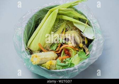 Alimenti biologici rifiuti in un secchio, ripresa dall'alto. Rifiuti Zero, riciclare rifiuti Nozione di smistamento - bucce e avanzi di frutta e verdura Foto Stock