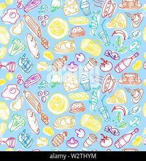 Vari disegnati a mano cucina alimentare doodle contorno disegno colorato seamless pattern su fondo azzurro. Per il disegno vettoriale tecnica di cottura illustrazione Illustrazione Vettoriale