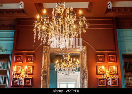 Luxury classic interno della libreria di casa. Salotto con libreria, libri, poltrona, divano letto e camino. Pulire e decorazione moderna con eleganti f Foto Stock