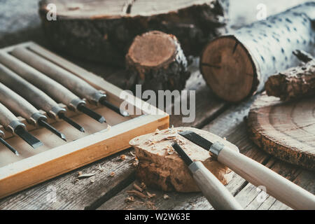 Set di utensili per la lavorazione del legno per intaglio del legno e alberi tagli sul banco di lavoro in legno. Foto Stock