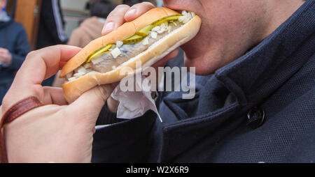 Uomo di mangiare su una strada hamburger di pesce con aringhe e cipolla e sottaceti Foto Stock