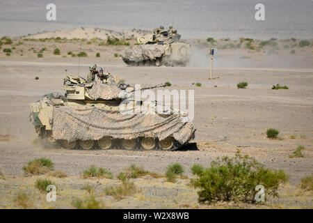 I soldati del primo squadrone, 150° reggimento di cavalleria, trentesimo Armored Brigade Combat Team, West Virginia Guardia nazionale, di manovrare un combattimento Bradley veicolo durante il funzionamento Hickory Sting a Fort Irwin, California, 8 luglio 2019. Funzionamento Hickory pungiglione è una decisa azione rotazione incentrato sulla produzione combinata di bracci e manovra gunnery collettiva presso il Centro Nazionale di Allenamento, Fort Irwin, California, al fine di convalidare le capacità del trentesimo nell'ambiente di formazione e fornire globalmente un sensibile brigata pronto per distribuire, combattere e vincere. (U.S. Esercito nazionale Guard Foto di Sgt. Jamar Marcel P Foto Stock