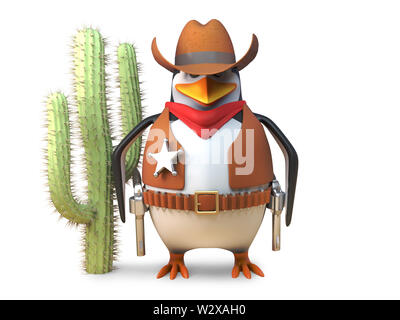 Sceriffo cowboy penguin sorge scostante nei pressi di un cactus nel selvaggio west, 3D render illustrazione Foto Stock