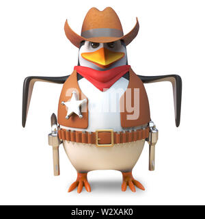 Brave sheriff penguin il selvaggio west cowboy pronto a quick draw in una pistola di battaglia, 3D render illustrazione Foto Stock