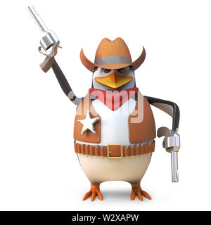 Sheriff penguin brave western cowboy incendi la sua pistola in aria, 3D render illustrazione Foto Stock