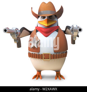Pericoloso sceriffo penguin il selvaggio west cowboy richiama entrambe le sue pistole, 3D render illustrazione Foto Stock