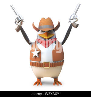 Sheriff penguin brave cowboy western con la cottura entrambe le sue pistole in aria, 3D render illustrazione Foto Stock